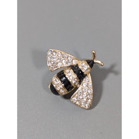 Rhinestone Pave Bumble Bee Pin Brooch Small Gold Tone Black enamel - Picture 2 of 5